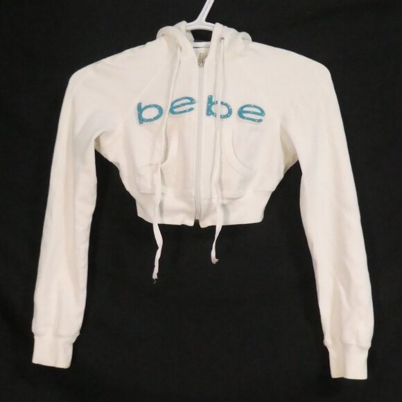 BEBE | small | White Cropped Blue Bebe Logo Hoodie | Zip Closure | Made In USA - Picture 1 of 16
